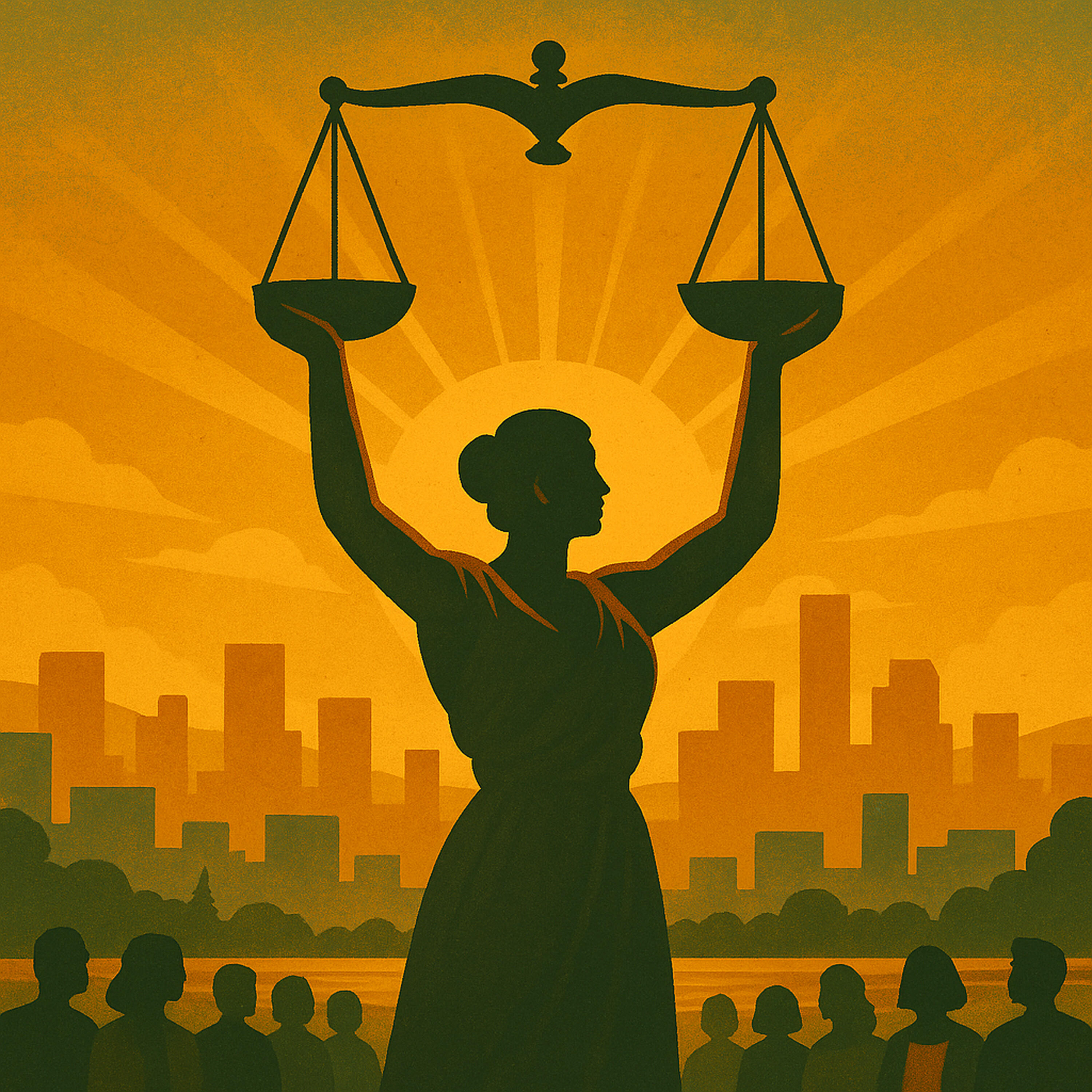 Scales of justice held aloft.