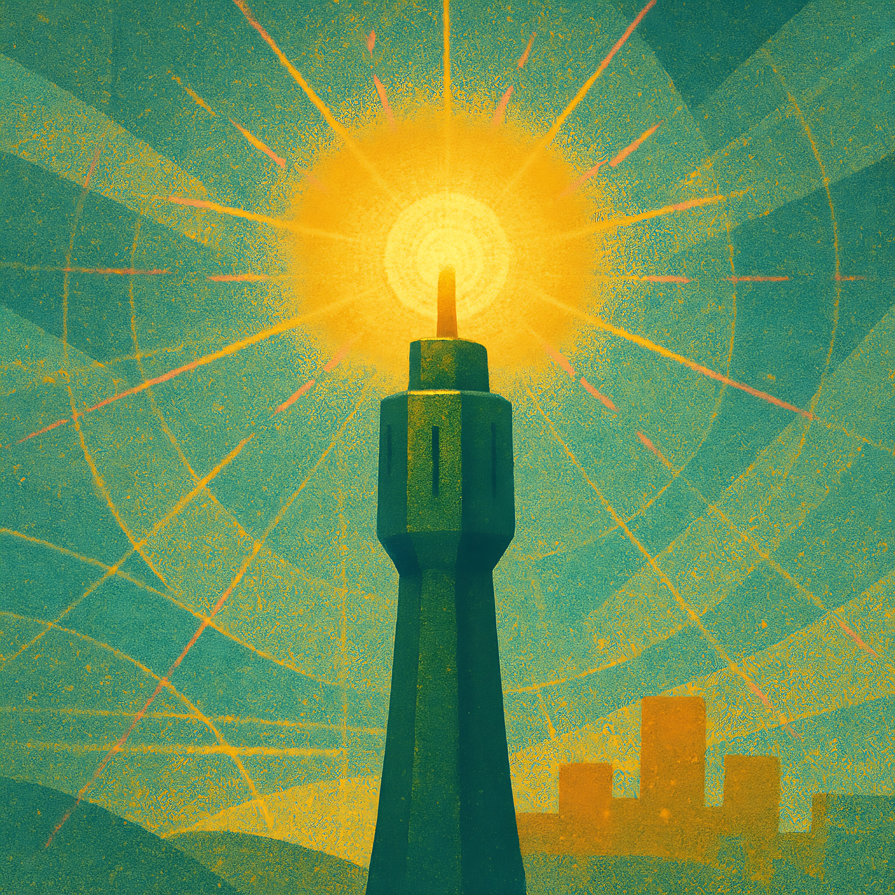 Stylized scene featuring a brilliant beacon symbolizing guidance and resolve.